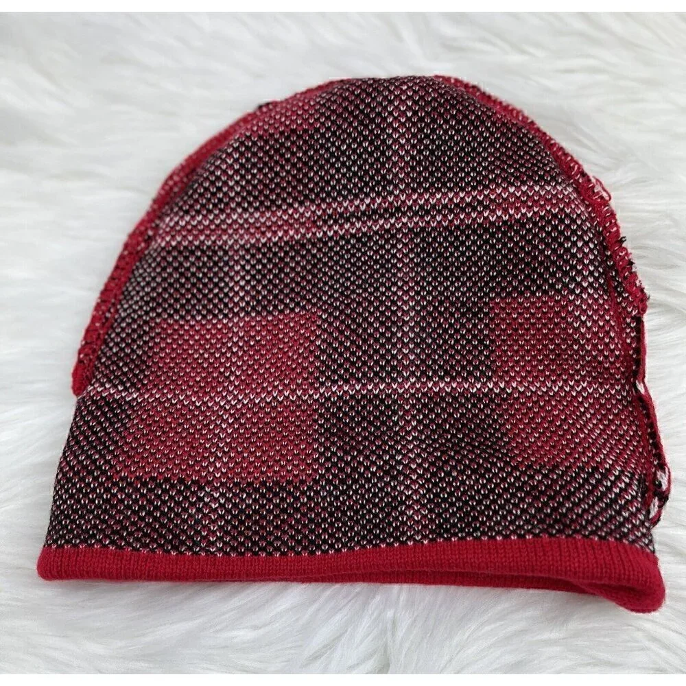 Ugly Sweater Christmas Beanie Hat Cap Sequin Candy Cane Red Black Plaid Pom Pom